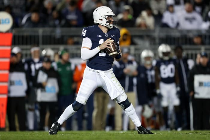 Penn State Nittany Lions quarterback Sean Clifford (14) looks to throw a pass during the third quarter against the Michigan State Spartans at Beaver Stadium. Penn State defeated Michigan State 35-16.